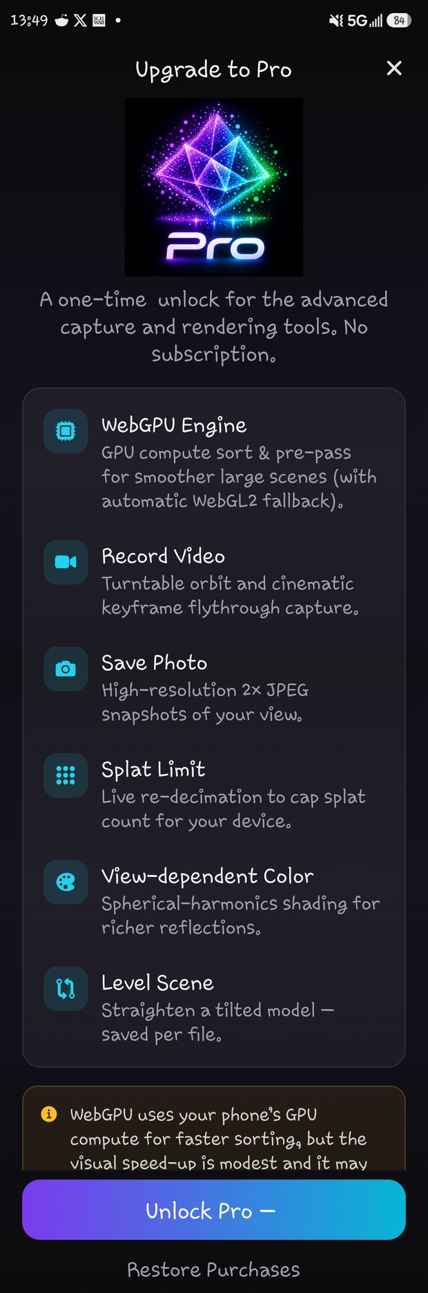 One-time Pro unlock screen