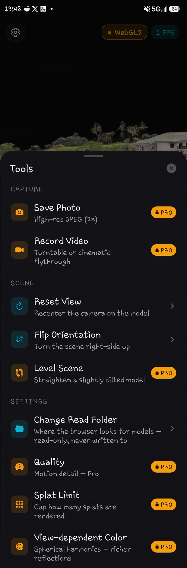 Tools sheet with capture and scene tools